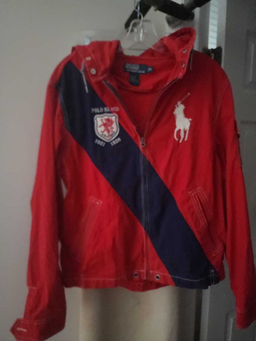 Ralph Lauren Red Hooded Jacket with Navy Diagonal Stripe and White Pony